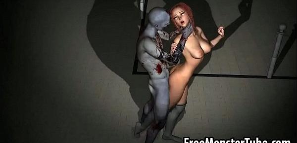  3D cartoon redhead gets fucked hard by a zombie